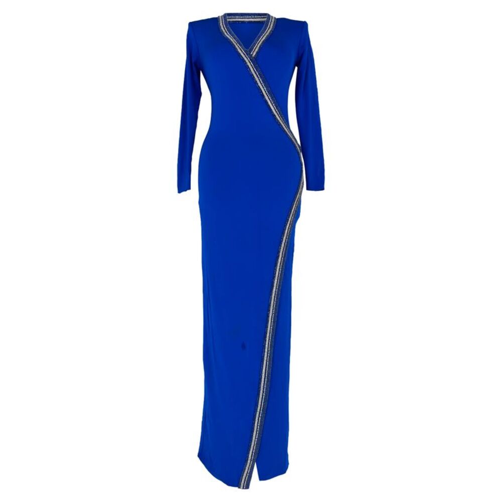 Balmain Crystal-Embellished wrap-Effect Maxi Dress in Blue Viscose - Picture 1 of 9